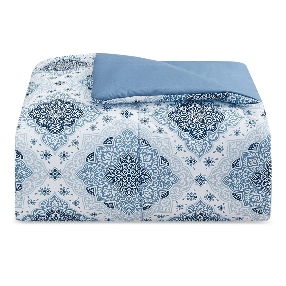 3 Piece Reversible Queen/Full Comforter Set Blue and White Print